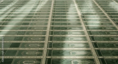 Aerial view of a grid of reflective green glass panels in a modern architectural setting