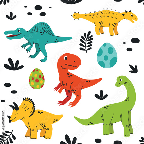 Kids pattern with dinosaurs. Seamless pattern with animals for baby.Vector cartoon flat illustration