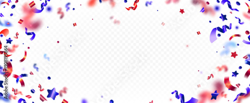 American confetti border with red and blue ribbons falling on transparent background. Patriotic USA frame for July 4th celebration, Independence Day party, or Memorial Day greeting template design.