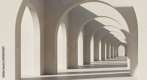 A serene corridor featuring a series of arches, viewed from a distant perspective, showcasing architecture and symmetry in a minimalist environment.