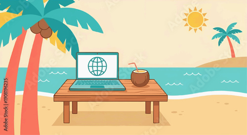 Digital nomad remote workspace with laptop on beach table vector illustration.