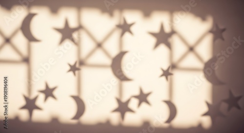 Celestial bodies silhouetted against a grid pattern on a window with moon and stars viewed from inside