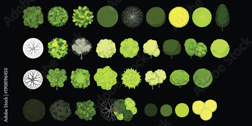 A diverse collection of top-down tree and shrub symbols for architectural landscape design plans