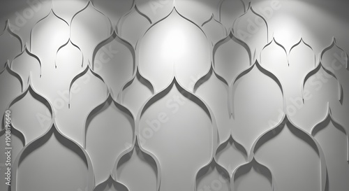 Intricate patterns on a white wall with sharp shadows cast from above, highlighting the architectural design