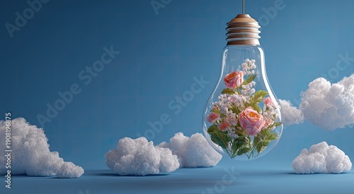 A lightbulb with flowers suspended in the glass, surrounded by fluffy white clouds