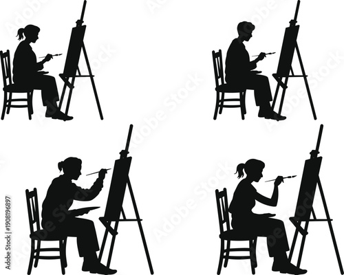 Artist painter silhouette set showing creative people painting on easel, artistic workflow illustration isolated on white background, ideal for art education, 