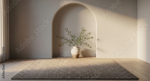 A serene scene of a vase with flowers on a rug in a minimalist room with an arched alcove and natural light from the side.