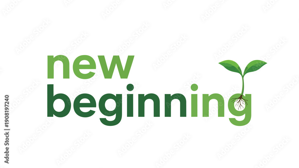 Fototapeta premium A vibrant green graphic of 'new beginning' text featuring a symbolic plant sprout, representing natural growth, renewal, and positive transformations.