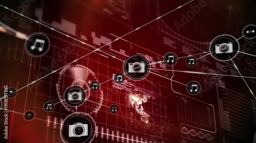 Central camera icon starting network, sending camera and music icons along white lines showing flow