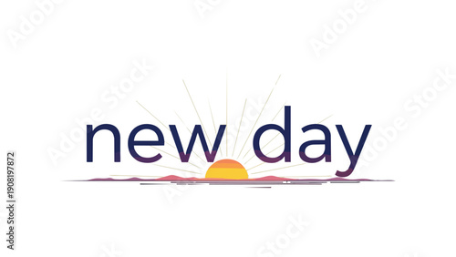 Minimalist graphic illustration of 'new day' text with a bright sunrise horizon for positive messaging