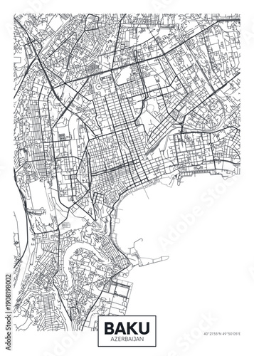 Detailed urban planning city map Baku, travel vector poster design