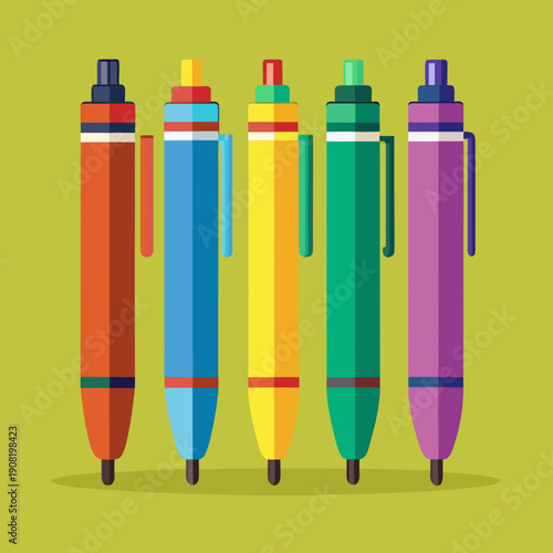 A vibrant collection of five colorful ballpoint pens