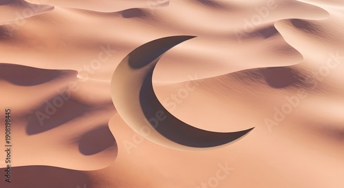Crescent moon symbol embedded in sand dunes, viewed from directly above, serene desert landscape scene