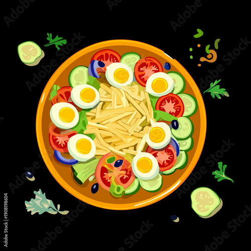 Nutritious salad with boiled eggs tomatoes and fresh herbs in a decorative blue bowl - Vector Illustration