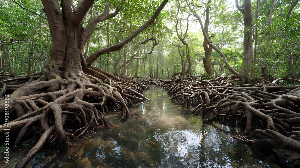 Fototapeta premium Intricate root systems of mangrove trees in a coastal swamp, unique ecosystem, ecological, Generative AI illustrations.