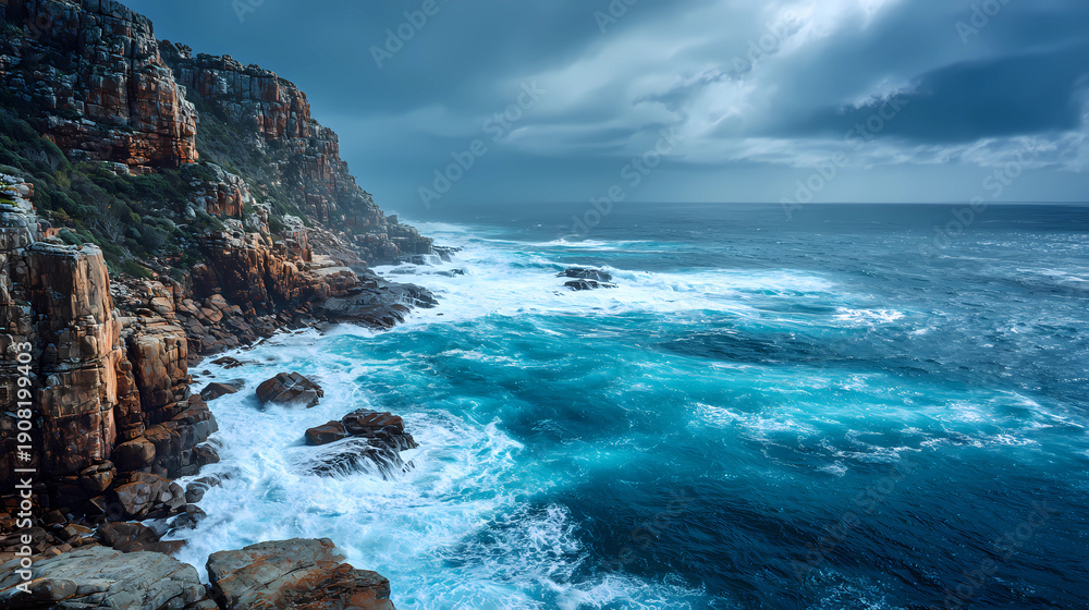 Fototapeta premium Rugged cliffs overlooking a powerful ocean, waves crashing below, stormy sky, raw nature, Generative AI illustrations.