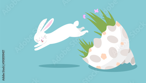 Happy Bunny. Easter horizontal background with bunny, flowers, butterflies and easter egg. Vector illustration.