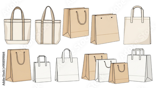 Collection of assorted shopping bags displayed from various viewpoints