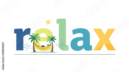 Vibrant 'Relax' lettering with serene hammock scene, palm trees, gentle breeze, and warm sun, embodying perfect summer vacation tranquility and