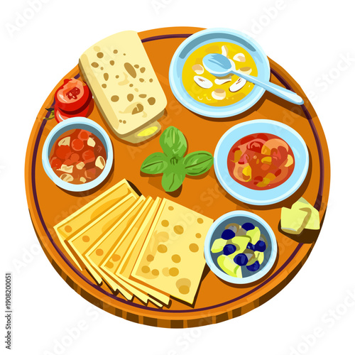 Gourmet cheese board with assorted crackers dips and fresh fruits for a party snack - Vector Illustration