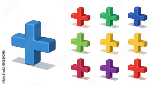 Collection of 3D rendered colorful plus symbols arranged in a grid pattern on a clean background from a straightforward viewpoint