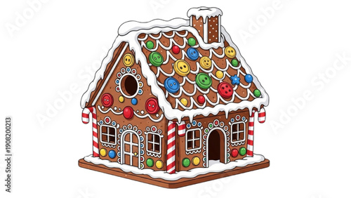 A festive gingerbread house with candy decorations on a white background from a front viewpoint
