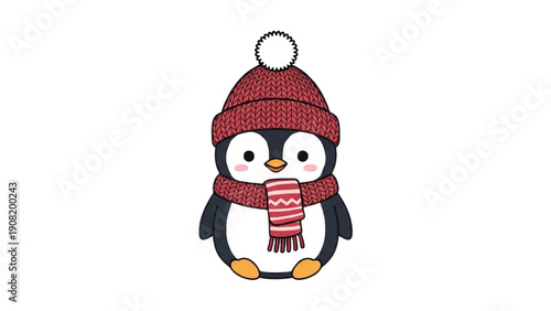 Adorable penguin wearing red knitted hat and scarf standing isolated on white background illustration