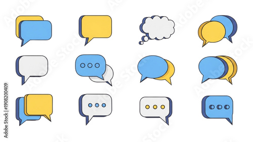 Collection of colorful speech bubbles and thought bubble illustrations in various shapes and sizes on a clean background