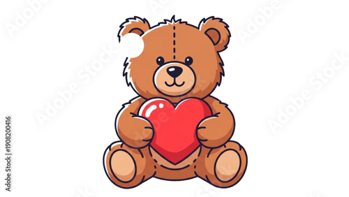 Cuddly teddy bear holding heart, sitting, and smiling directly at viewer with affection