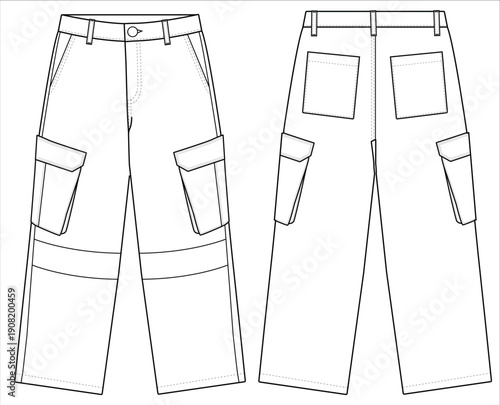 Cargo Jogger Pants Technical Flat Design Front and Back View Vector