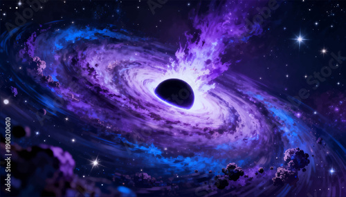 A vector illustration of a rotating spiral galaxy in outer space explodes in a massive explosion, forming a huge.