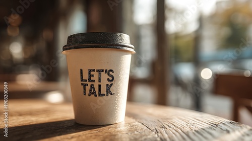 Note on a coffee cup in a cafe featuring the text LET'S TALK, representing the idea of having tough conversations with loved ones, partners, children, colleagues, bosses, staff, or.