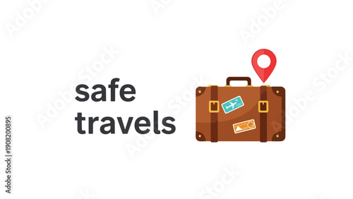 Safe travels concept, vector illustration of a brown suitcase with travel stickers and a location pin, symbolizing secure and well-planned journeys