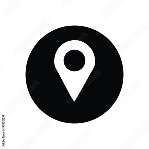 Simple white map pin or location marker icon in a solid black circle, symbolizing navigation, place, and travel destination for digital interfaces