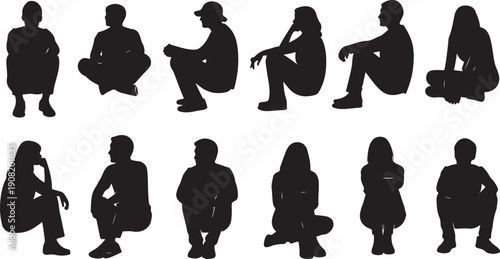 Silhouettes of people sitting in various poses and positions