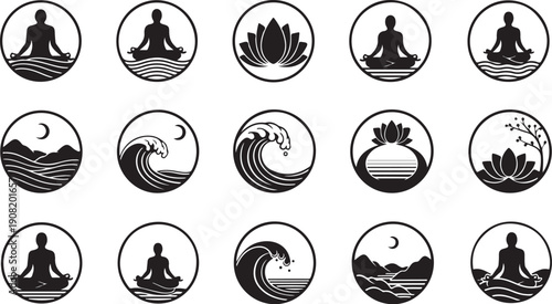 Meditation and yoga icons in black and white circles