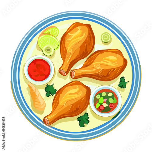 Golden fried chicken drumsticks served with spicy dipping sauces and fresh vegetable salad - Vector Illustration