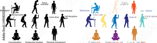 Vector icons of people in various yoga poses and business activities