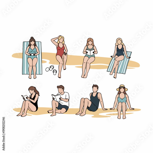 People enjoying beach vacation activities, including sunbathing and reading, depicted in a minimalist cartoon vector style.