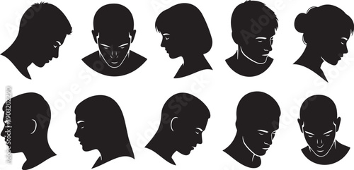Diverse group of people silhouettes in various hairstyles profiles