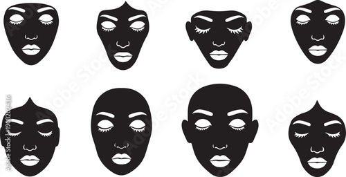 Collection of black silhouettes of various human face expressions