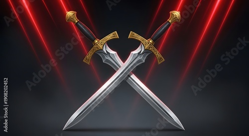 Two ornate swords are crossed dramatically against a vibrant red light background
