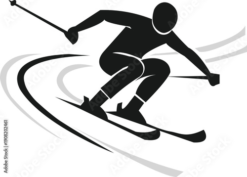 Minimalist black silhouette of a skier carving a turn, curved skis and bent knees