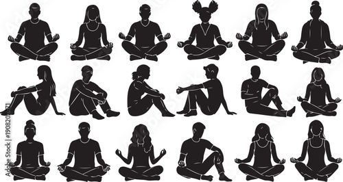 Yoga poses for relaxation and meditation in black silhouette