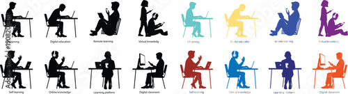 Multicolour vector silhouettes of people sitting at desks with computers