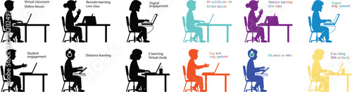 Vector icons of people working on laptops in various colors for website or app UI isolated on white background