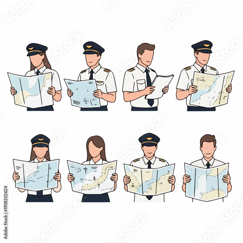 Vector illustration set of male and female airline pilots and co-pilots in uniform reading navigation charts and flight plan documents for aviation preparation.