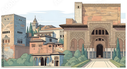 Vector of the Spanish Alhambra, historic Islamic architecture