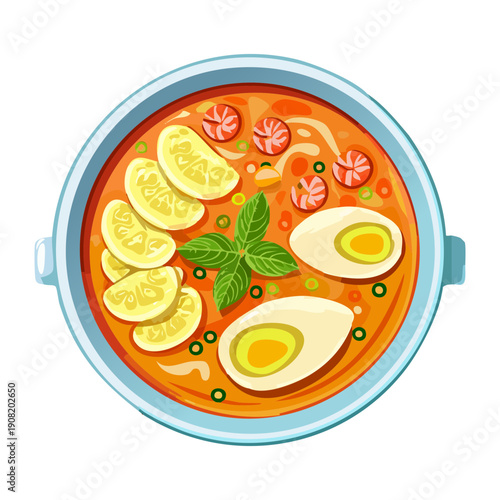 Creamy vegetable soup with boiled eggs and fresh herbs served in a blue bowl - Vector Illustration