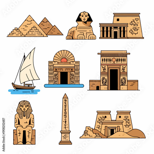 Ancient Egypt Landmark Icons Set: Pyramids, Sphinx, Temples, Obelisk, and Nile Boat. Flat vector illustration.